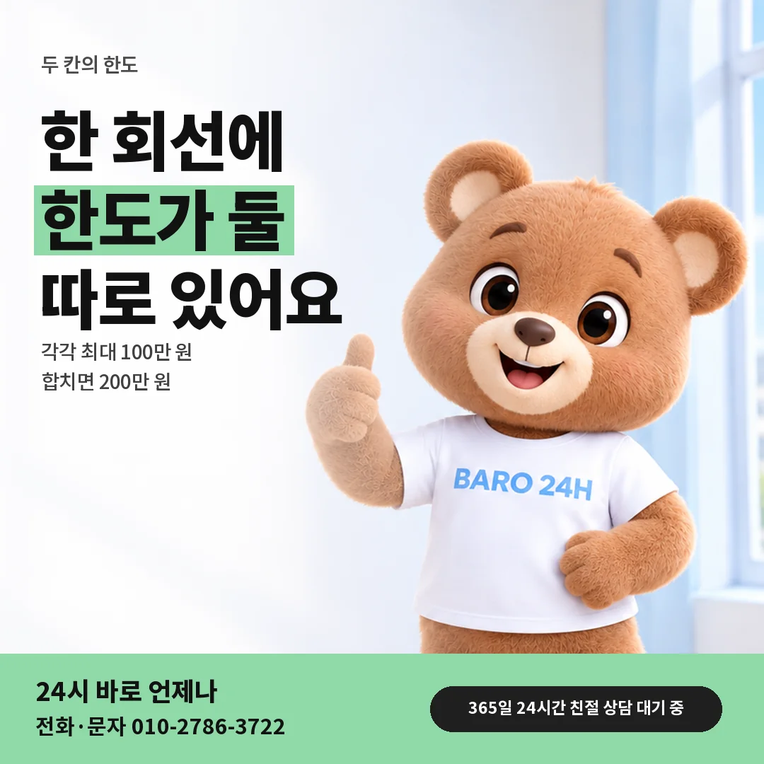 휴대폰을 보며 웃는 BARO 24H 티셔츠를 입은 3D 곰 캐릭터 옆에 「소액결제 한도와 별개인 한도」 제목을 얹은 안내 카드
